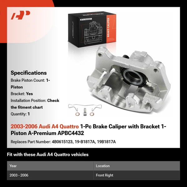 2003-2006 Audi A4 Quattro 1-Pc Brake Caliper with Bracket 1-Piston A-Premium APBC4432