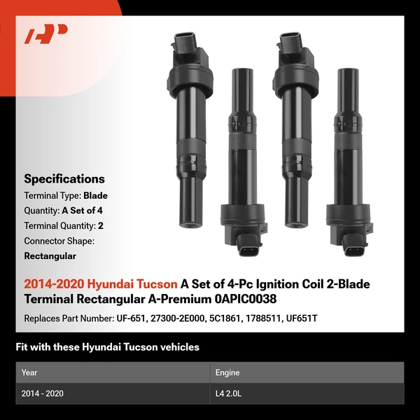 2014-2020 Hyundai Tucson A Set of 4-Pc Ignition Coil 2-Blade Terminal Rectangular A-Premium 0APIC0038