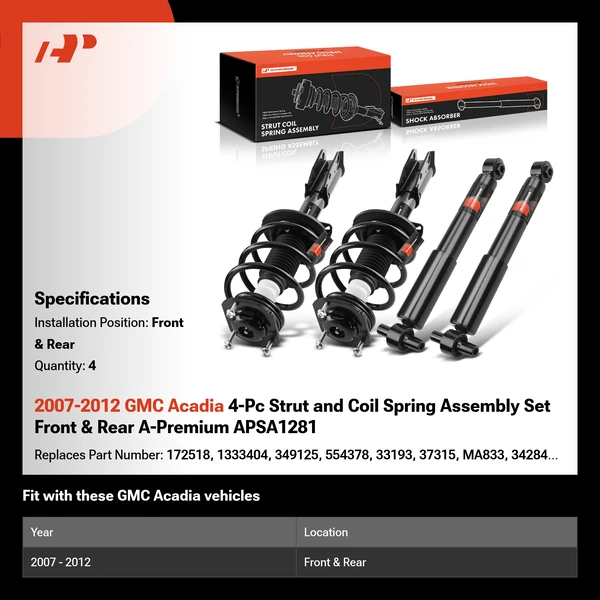 2007-2012 GMC Acadia 4-Pc Strut and Coil Spring Assembly Set Front & Rear A-Premium APSA1281