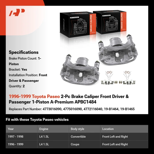 1996-1999 Toyota Paseo 2-Pc Brake Caliper Front Driver & Passenger 1-Piston A-Premium APBC1484