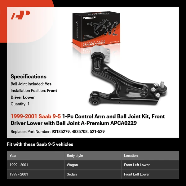 1999-2001 Saab 9-5 1-Pc Control Arm and Ball Joint Kit, Front Driver Lower with Ball Joint A-Premium APCA0229