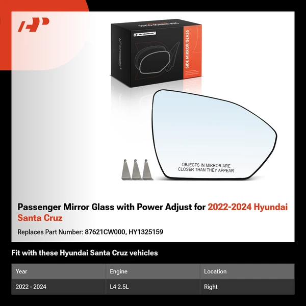 Passenger Mirror Glass with Power Adjust for 2022-2024 Hyundai Santa Cruz