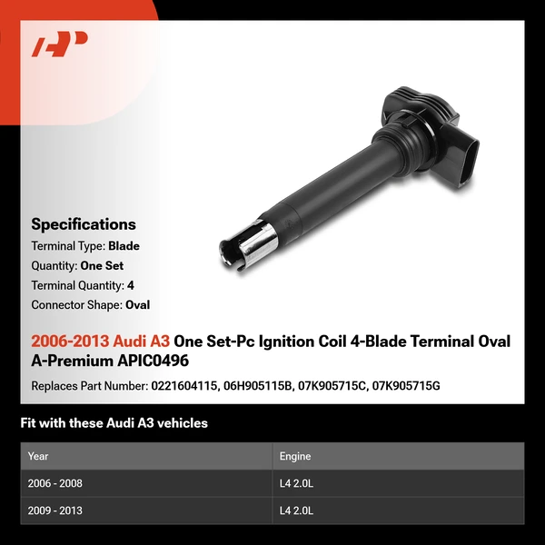 2006-2013 Audi A3 One Set-Pc Ignition Coil 4-Blade Terminal Oval A-Premium APIC0496