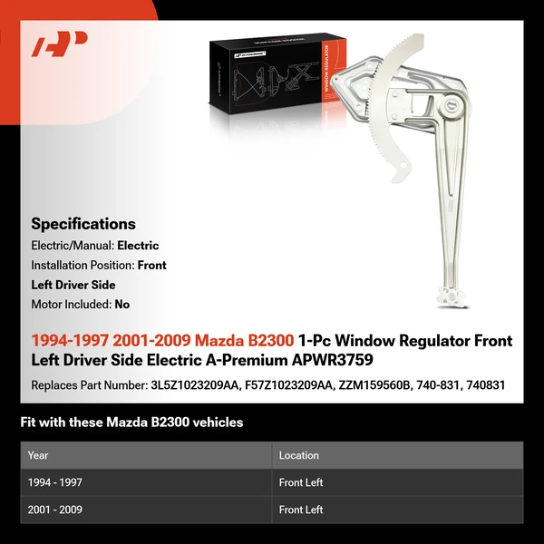 1994-1997 2001-2009 Mazda B2300 1-Pc Window Regulator Front Left Driver Side Electric A-Premium APWR3759