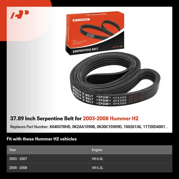 37.89 Inch Serpentine Belt for 2003-2008 Hummer H2