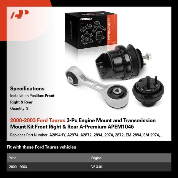 2000-2003 Ford Taurus 3-Pc Engine Mount and Transmission Mount Kit Front Right & Rear A-Premium APEM1046