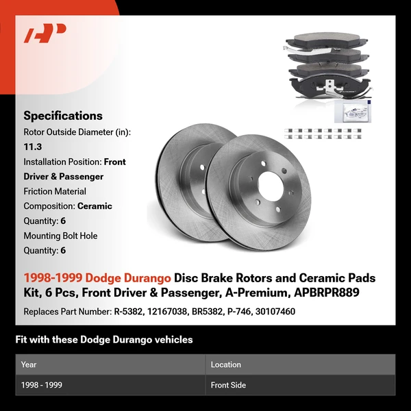 1998-1999 Dodge Durango Disc Brake Rotors and Ceramic Pads Kit, 6 Pcs, Front Driver & Passenger, A-Premium, APBRPR889