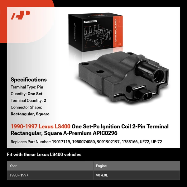 1990-1997 Lexus LS400 One Set-Pc Ignition Coil 2-Pin Terminal Rectangular, Square A-Premium APIC0296