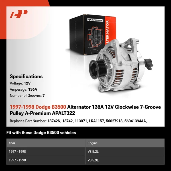 1997-1998 Dodge B3500 Alternator 136A 12V Clockwise 7-Groove Pulley A-Premium APALT322