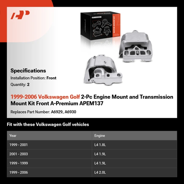 1999-2006 Volkswagen Golf 2-Pc Engine Mount and Transmission Mount Kit Front A-Premium APEM137