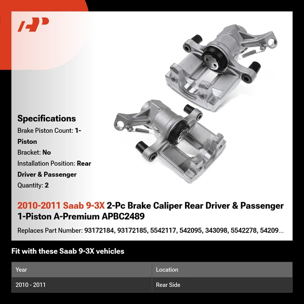 2010-2011 Saab 9-3X 2-Pc Brake Caliper Rear Driver & Passenger 1-Piston A-Premium APBC2489