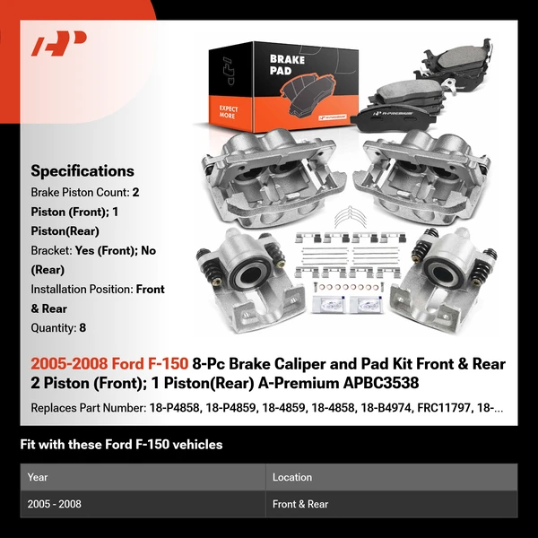 2005-2008 Ford F-150 8-Pc Brake Caliper and Pad Kit Front & Rear 2 Piston (Front); 1 Piston(Rear) A-Premium APBC3538