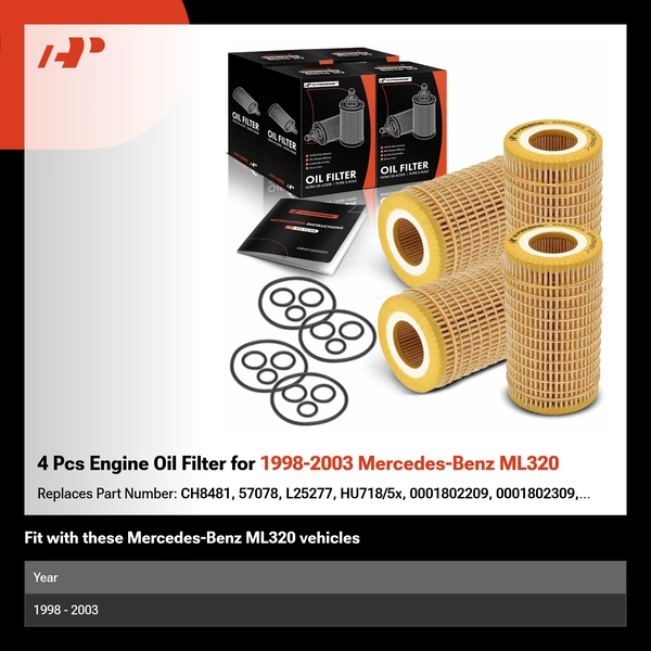 4 Pcs Engine Oil Filter for 1998-2003 Mercedes-Benz ML320