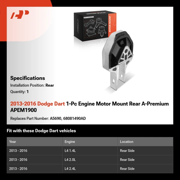 2013-2016 Dodge Dart 1-Pc Engine Motor Mount Rear A-Premium APEM1900