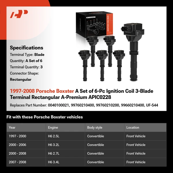 1997-2008 Porsche Boxster A Set of 6-Pc Ignition Coil 3-Blade Terminal Rectangular A-Premium APIC0228