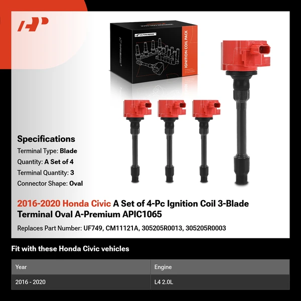 2016-2020 Honda Civic A Set of 4-Pc Ignition Coil 3-Blade Terminal Oval A-Premium APIC1065