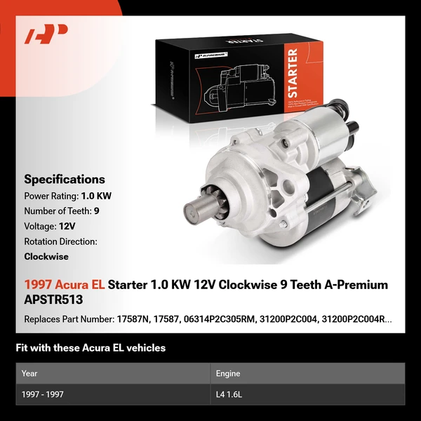 1997 Acura EL Starter 1.0 KW 12V Clockwise 9 Teeth A-Premium APSTR513
