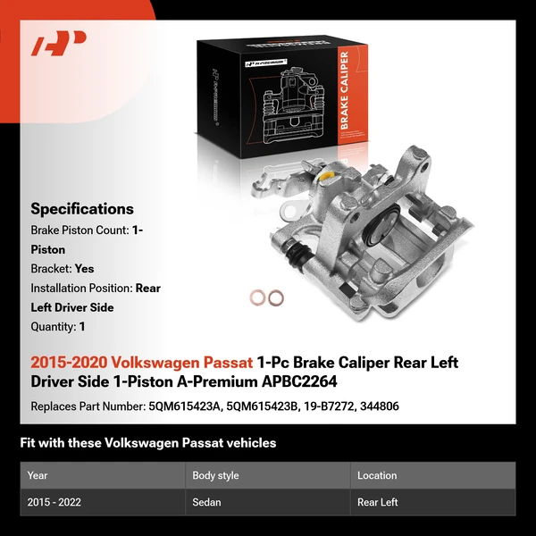 2015-2020 Volkswagen Passat 1-Pc Brake Caliper Rear Left Driver Side 1-Piston A-Premium APBC2264
