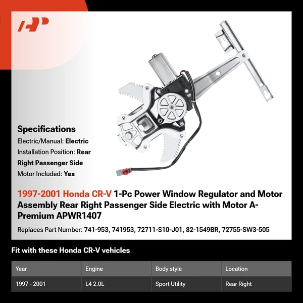1997-2001 Honda CR-V 1-Pc Power Window Regulator and Motor Assembly Rear Right Passenger Side Electric with Motor A-Premium APWR1407