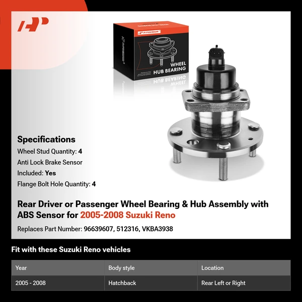 Rear Driver or Passenger Wheel Bearing & Hub Assembly with ABS Sensor for 2005-2008 Suzuki Reno