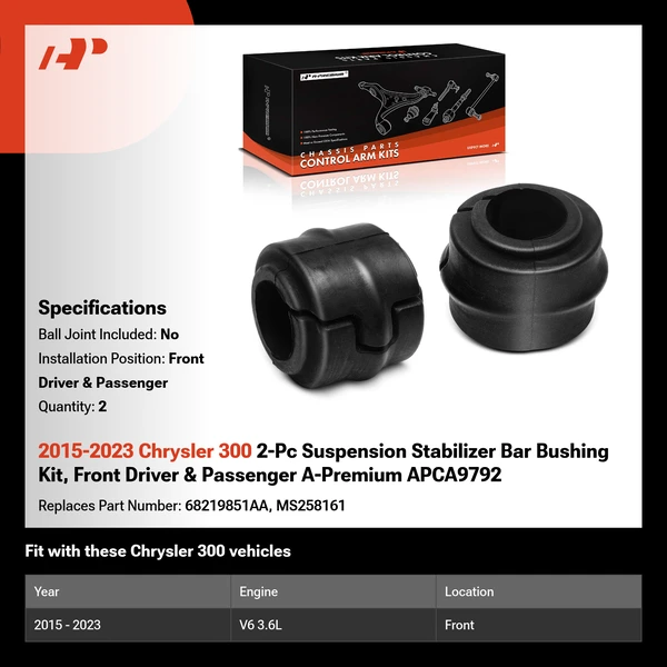 2015-2023 Chrysler 300 2-Pc Suspension Stabilizer Bar Bushing Kit, Front Driver & Passenger A-Premium APCA9792