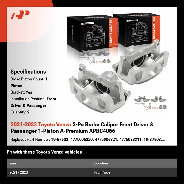 2021-2023 Toyota Venza 2-Pc Brake Caliper Front Driver & Passenger 1-Piston A-Premium APBC4066