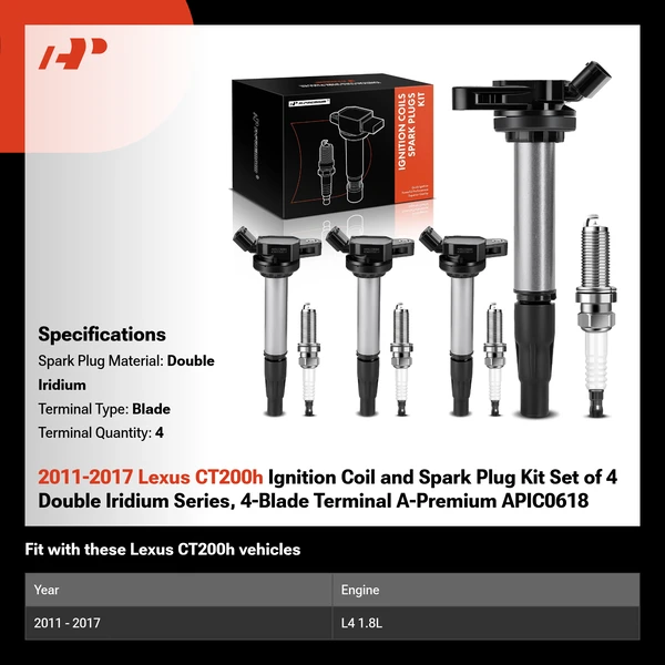 2011-2017 Lexus CT200h Ignition Coil and Spark Plug Kit Set of 4 Double Iridium Series, 4-Blade Terminal A-Premium APIC0618