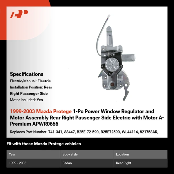 1999-2003 Mazda Protege 1-Pc Power Window Regulator and Motor Assembly Rear Right Passenger Side Electric with Motor A-Premium APWR0656
