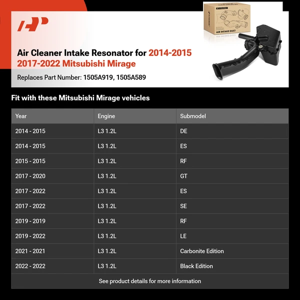 Air Cleaner Intake Resonator for 2014-2015 2017-2022 Mitsubishi Mirage