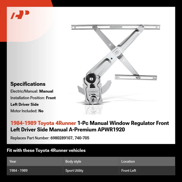 1984-1989 Toyota 4Runner 1-Pc Manual Window Regulator Front Left Driver Side Manual A-Premium APWR1920