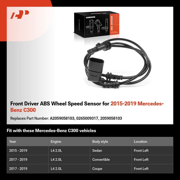 Front Driver ABS Wheel Speed Sensor for 2015-2019 Mercedes-Benz C300