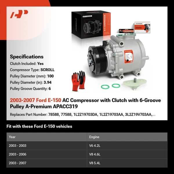 2003-2007 Ford E-150 AC Compressor with Clutch with 6-Groove Pulley A-Premium APACC319