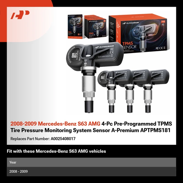 2008-2009 Mercedes-Benz S63 AMG 4-Pc Pre-Programmed TPMS Tire Pressure Monitoring System Sensor 433 MHz A-Premium APTPMS181