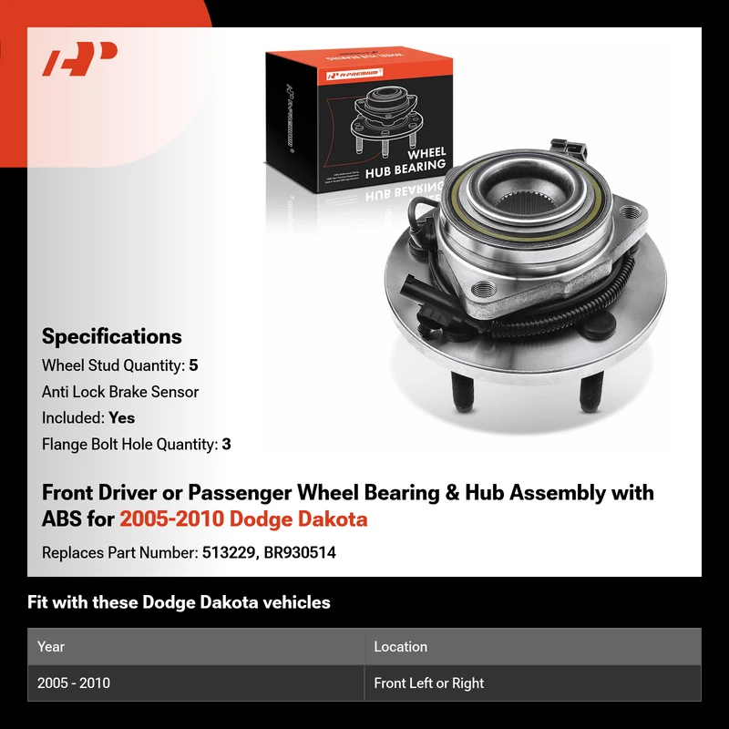 Front Driver or Passenger Wheel Bearing & Hub Assembly with ABS for 2005-2010 Dodge Dakota