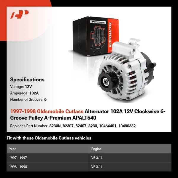 1997-1998 Oldsmobile Cutlass Alternator 102A 12V Clockwise 6-Groove Pulley A-Premium APALT540