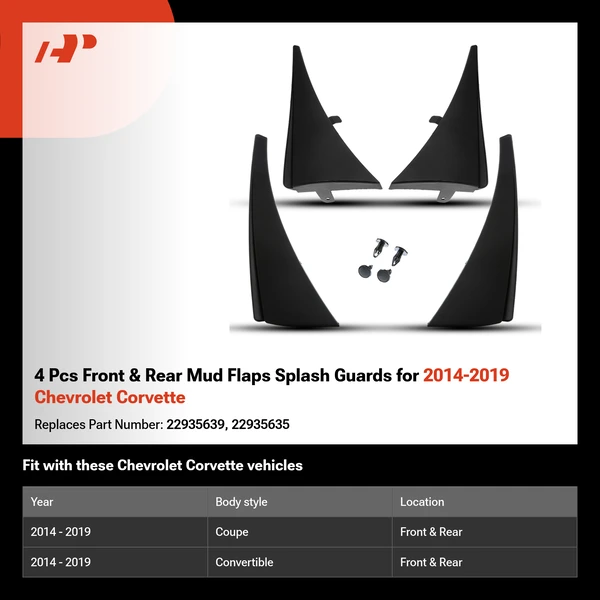 4 Pcs Front & Rear Mud Flaps Splash Guards for 2014-2019 Chevrolet Corvette