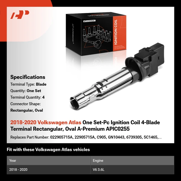 2018-2020 Volkswagen Atlas One Set-Pc Ignition Coil 4-Blade Terminal Rectangular, Oval A-Premium APIC0255
