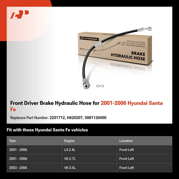 Front Driver Brake Hydraulic Hose for 2001-2006 Hyundai Santa Fe