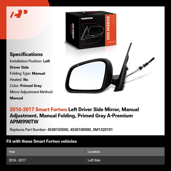 2016-2017 Smart Fortwo Left Driver Side Mirror, Manual Adjustment, Manual Folding, Primed Gray A-Premium APMI990TW