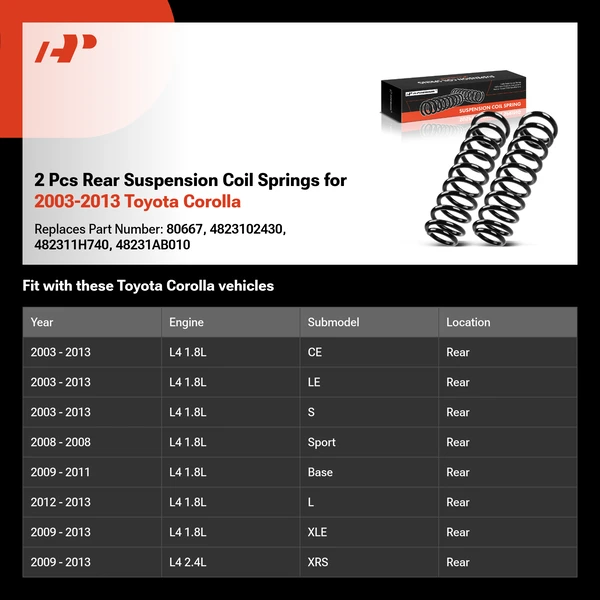 2 Pcs Rear Suspension Coil Springs for 2003-2013 Toyota Corolla