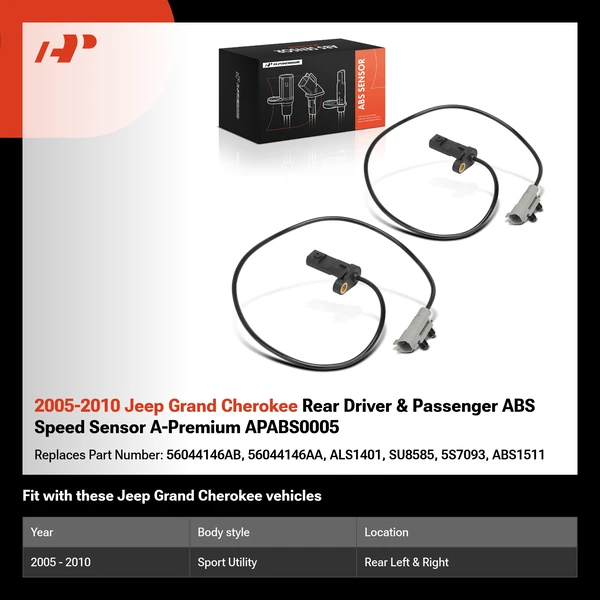 2005-2010 Jeep Grand Cherokee Rear Driver & Passenger ABS Speed Sensor A-Premium APABS0005