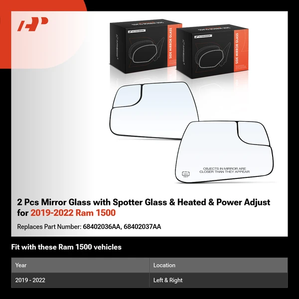 2 Pcs Mirror Glass with Spotter Glass & Heated & Power Adjust for 2019-2022 Ram 1500