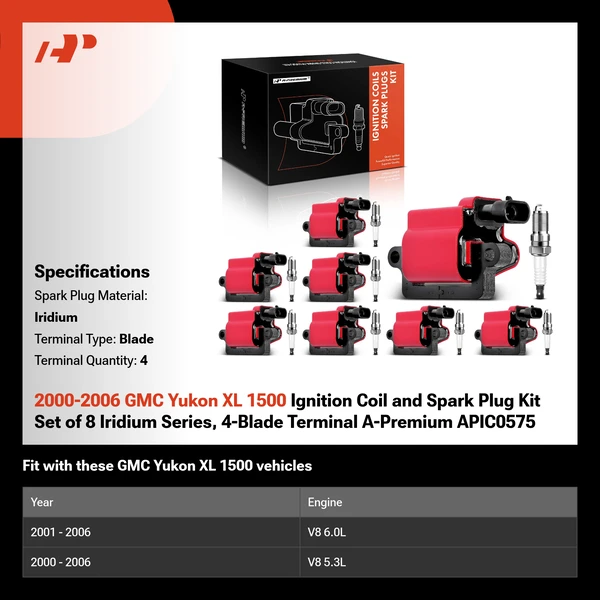 2000-2006 GMC Yukon XL 1500 Ignition Coil and Spark Plug Kit Set of 8 Iridium Series, 4-Blade Terminal A-Premium APIC0575