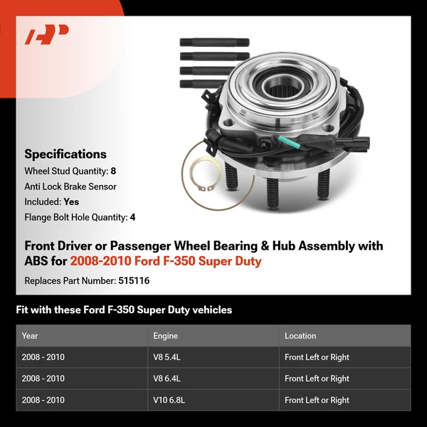 Front Driver or Passenger Wheel Bearing & Hub Assembly with ABS for 2008-2010 Ford F-350 Super Duty