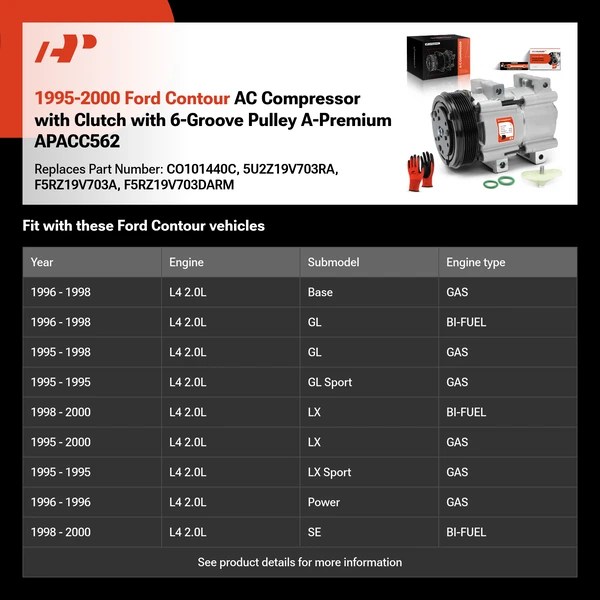 1995-2000 Ford Contour AC Compressor with Clutch with 6-Groove Pulley A-Premium APACC562