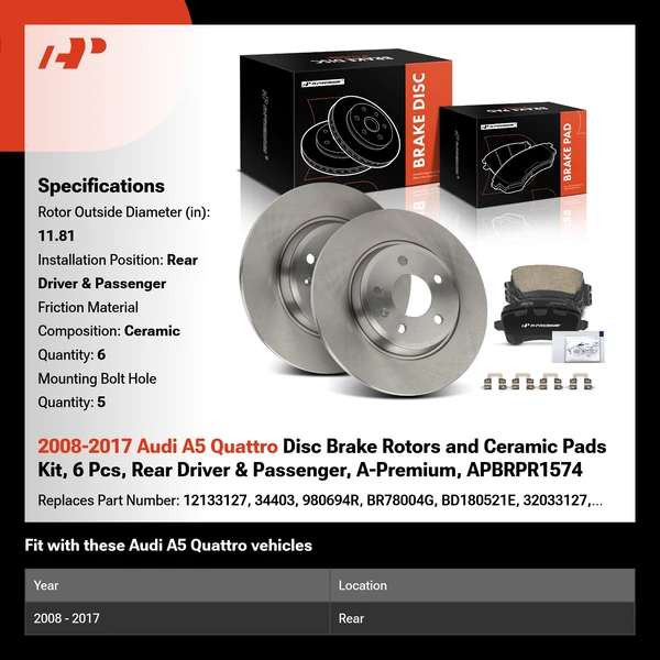 2008-2017 Audi A5 Quattro Disc Brake Rotors and Ceramic Pads Kit, 6 Pcs, Rear Driver & Passenger, A-Premium, APBRPR1574