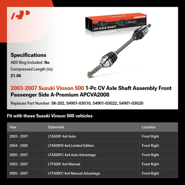 2003-2007 Suzuki Vinson 500 1-Pc CV Axle Shaft Assembly Front Passenger Side A-Premium APCVA2008