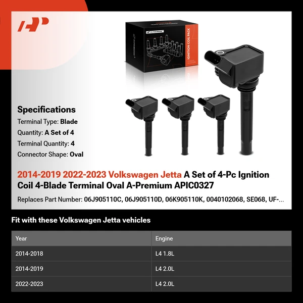 2014-2019 2022-2023 Volkswagen Jetta A Set of 4-Pc Ignition Coil 4-Blade Terminal Oval A-Premium APIC0327