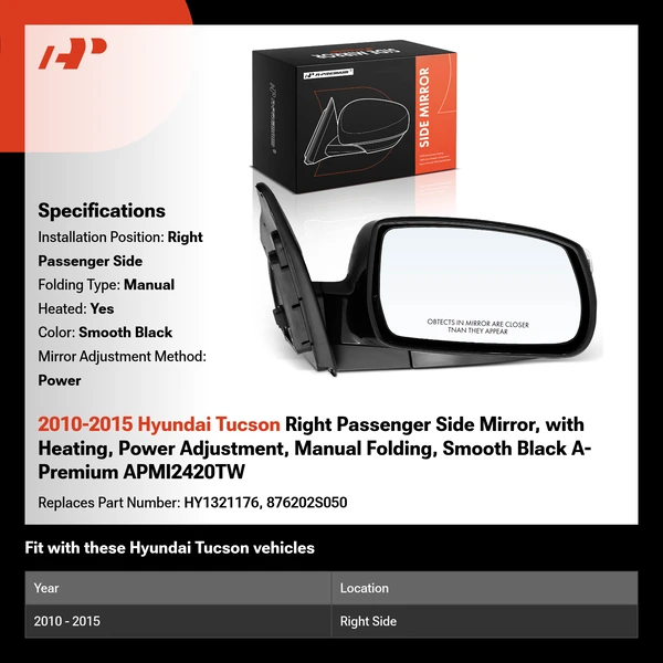 2010-2015 Hyundai Tucson Right Passenger Side Mirror, with Heating, Power Adjustment, Manual Folding, Smooth Black A-Premium APMI2420TW
