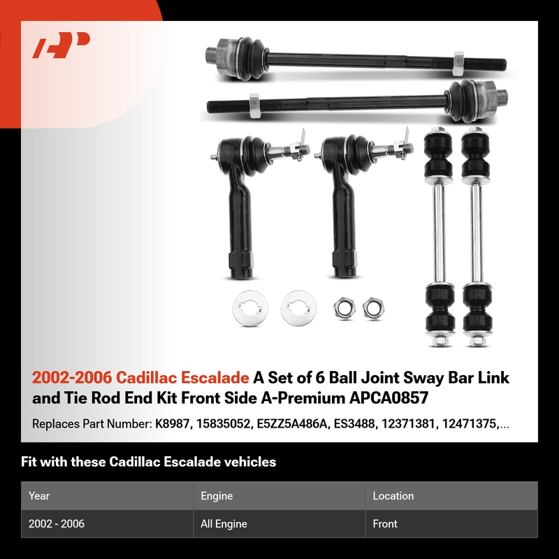 2002-2006 Cadillac Escalade A Set of 6 Ball Joint Sway Bar Link and Tie Rod End Kit Front Side A-Premium APCA0857